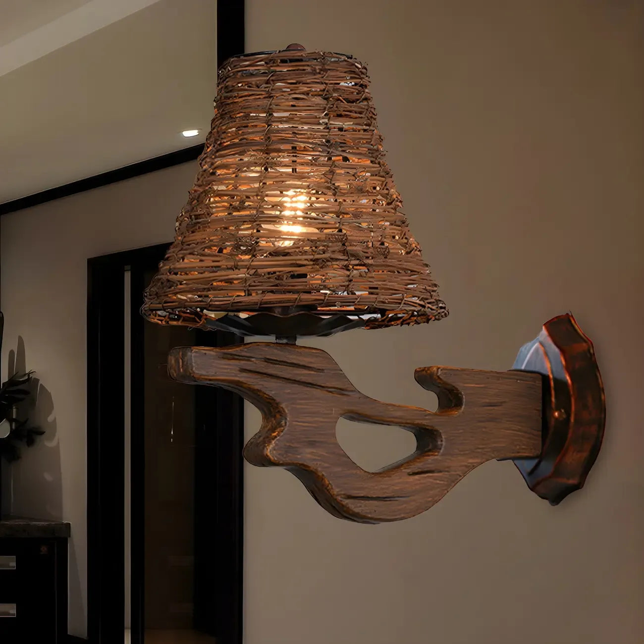 Applique murale d'extérieur cylindrique en rotin et bois