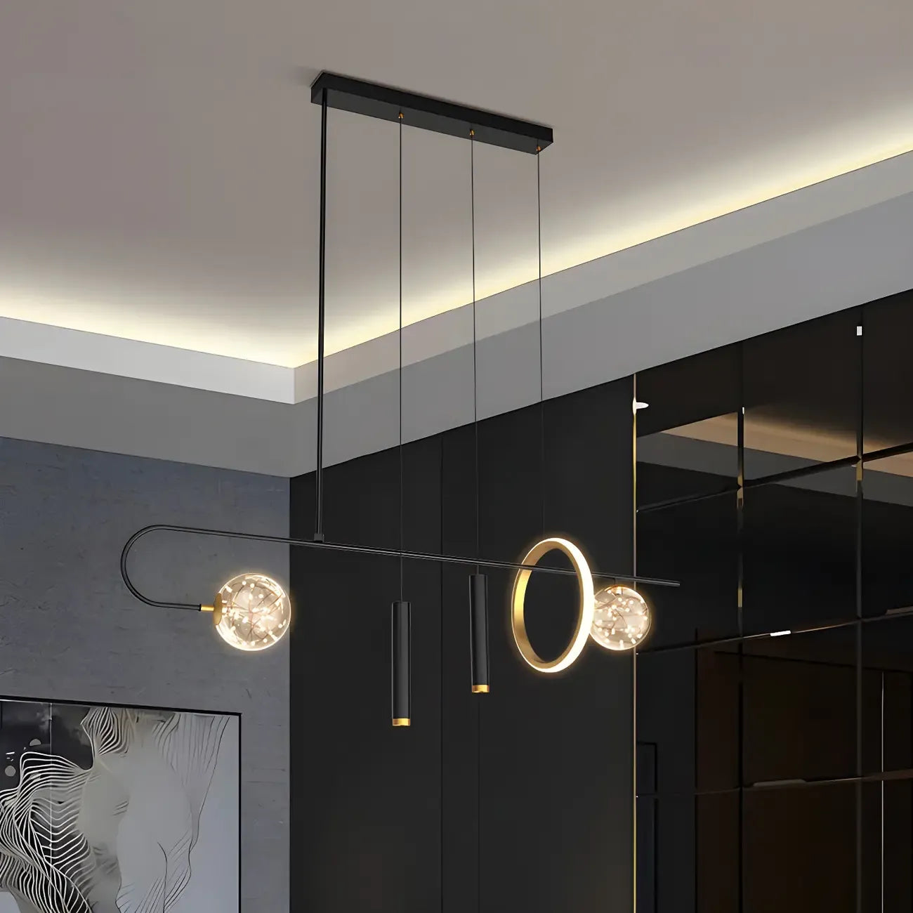 Lustre linéaire moderne à LED noir pour îlot de cuisine