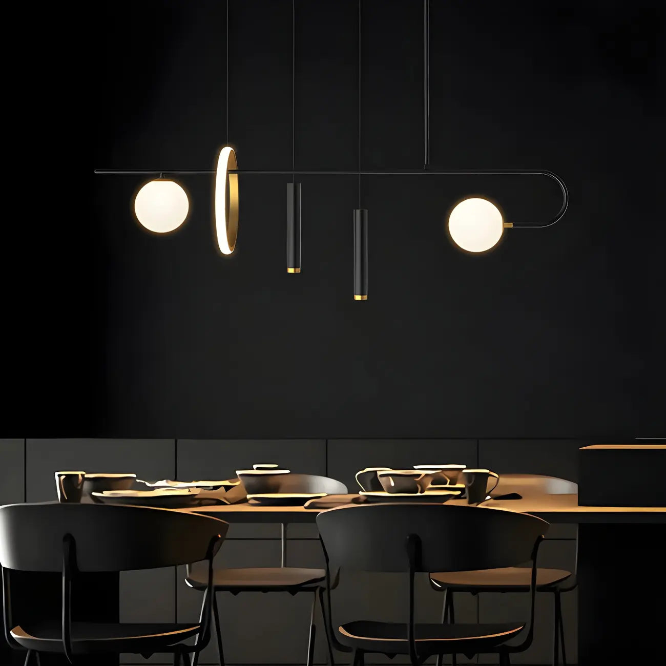 Lustre linéaire moderne à LED noir pour îlot de cuisine