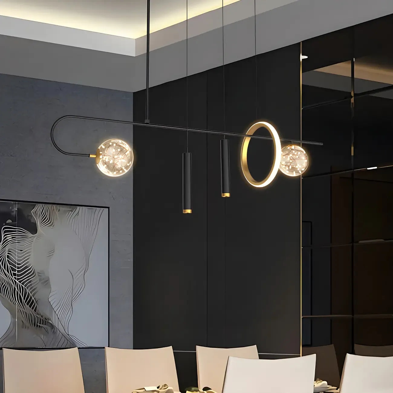 Lustre linéaire moderne à LED noir pour îlot de cuisine