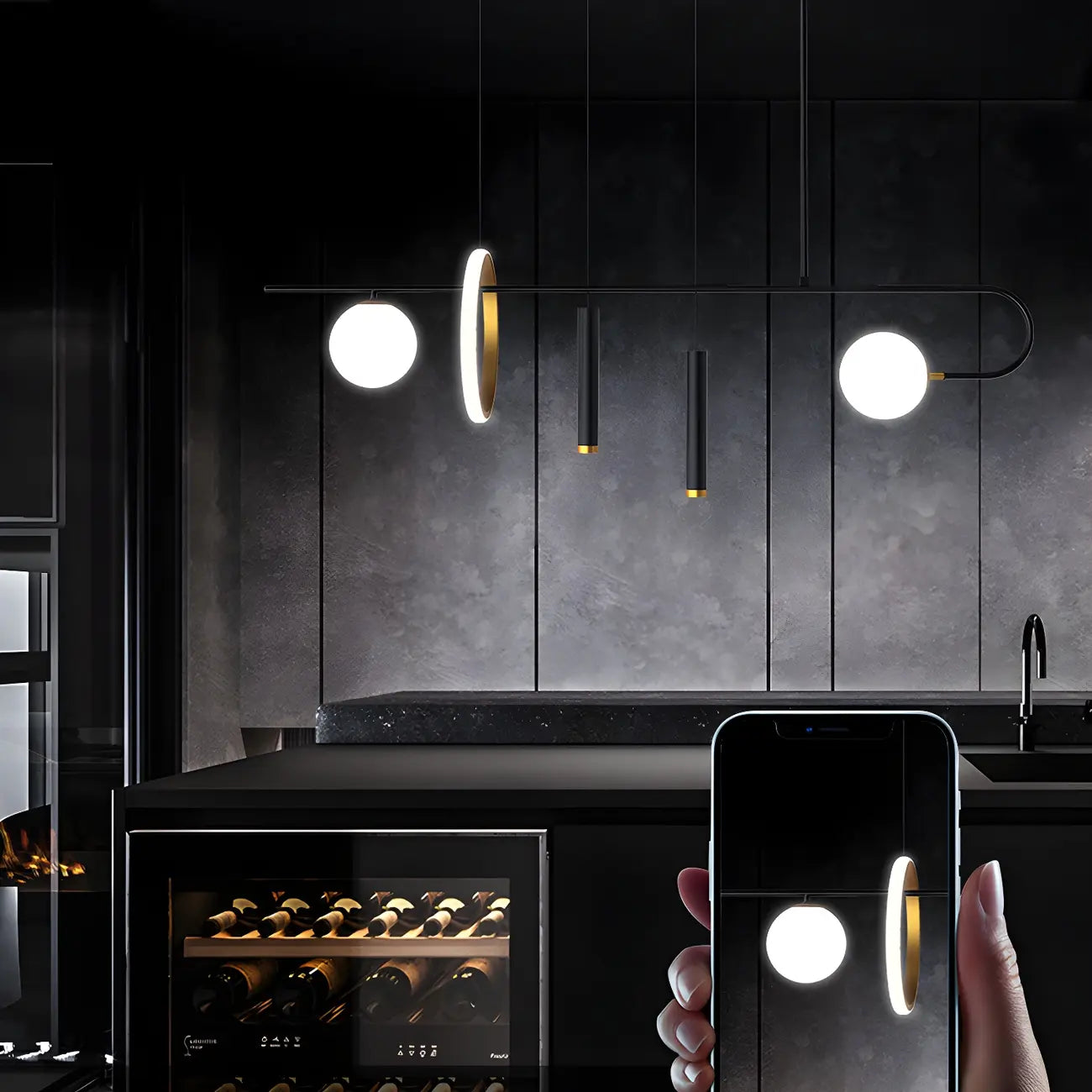 Lustre linéaire moderne à LED noir pour îlot de cuisine