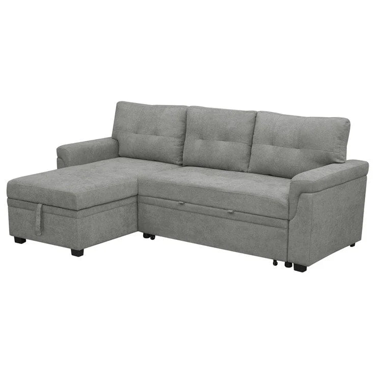 Canapé d'angle convertible et réversible avec lit gigogne, méridienne de rangement dissimulée et pieds robustes.