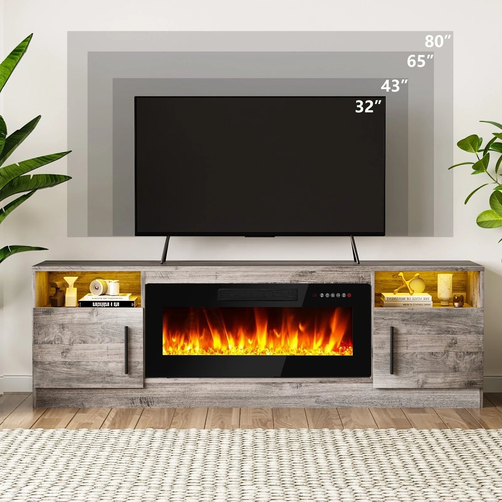 Meuble TV Bossin 70 avec cheminée électrique 36 pouces, compatible avec les téléviseurs jusqu'à 80 pouces, éclairage LED 16 couleurs/centre multimédia