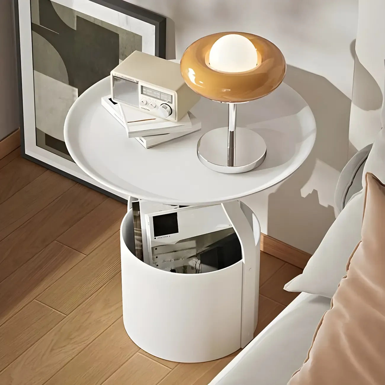 Petite table de chevet minimaliste ronde en métal avec plateau,