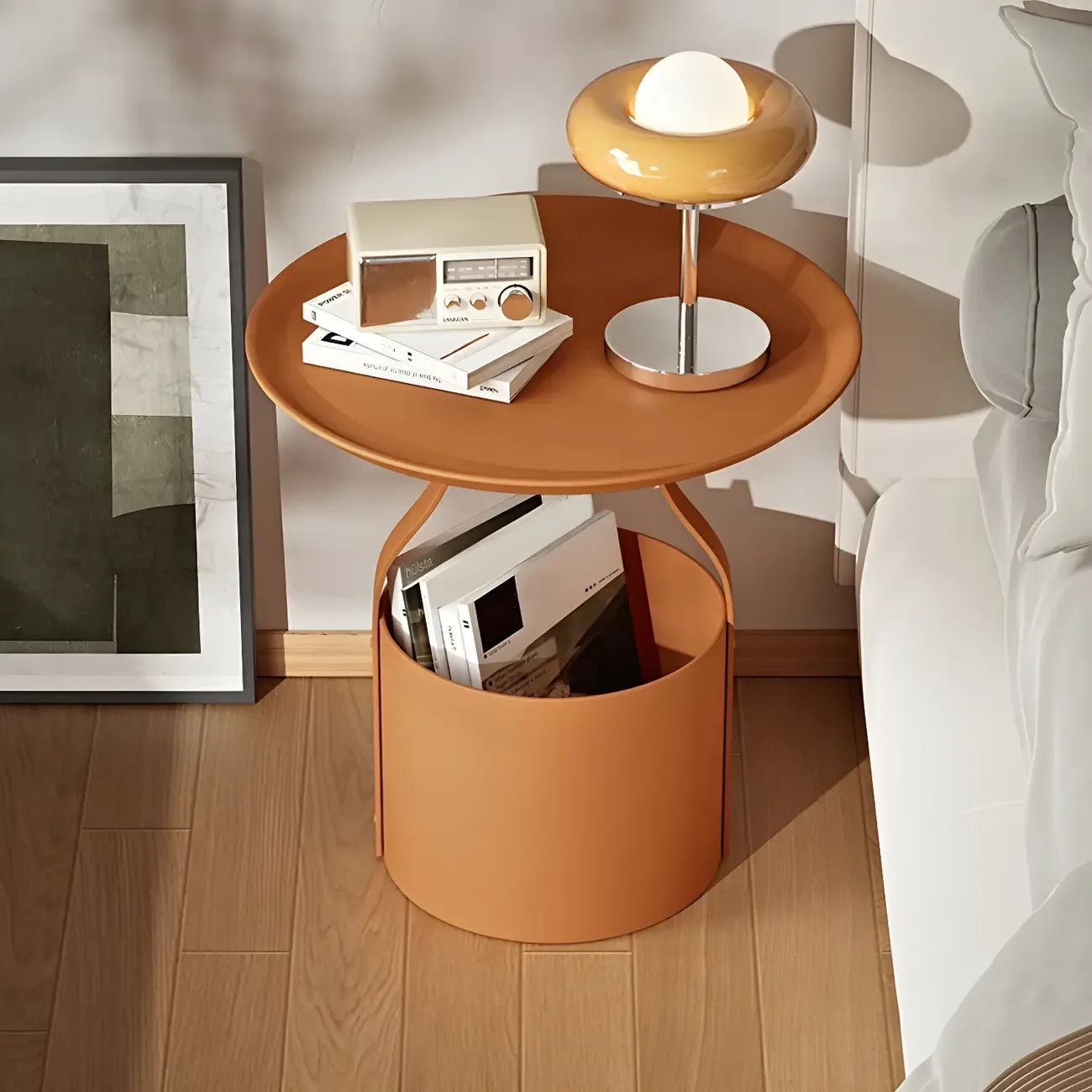 Petite table de chevet minimaliste ronde en métal avec plateau,