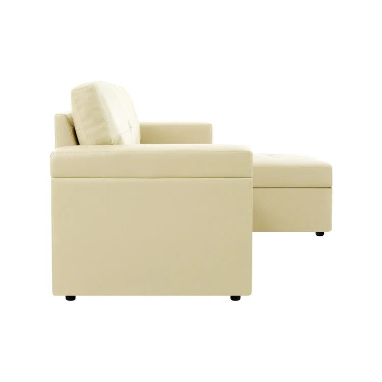 Canapé d'angle convertible et réversible avec lit gigogne, méridienne de rangement dissimulée et pieds robustes.