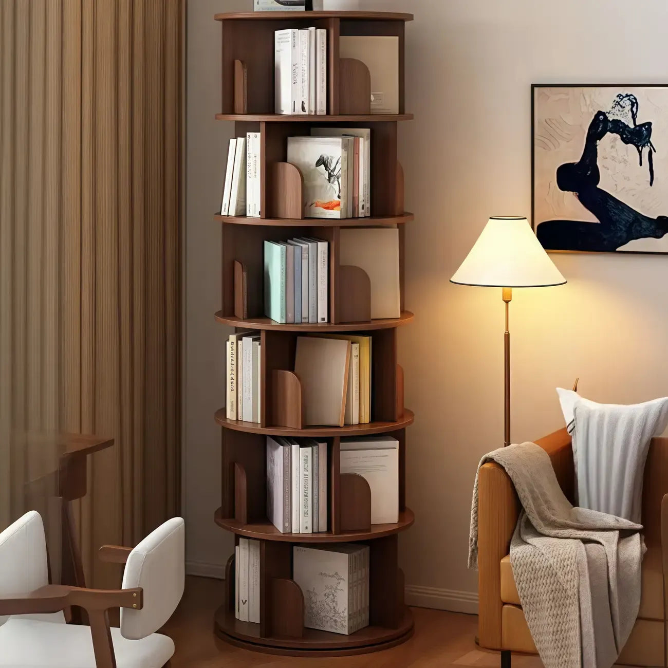 Bibliothèque cylindrique en bois marron à dos ouvert et pivotante