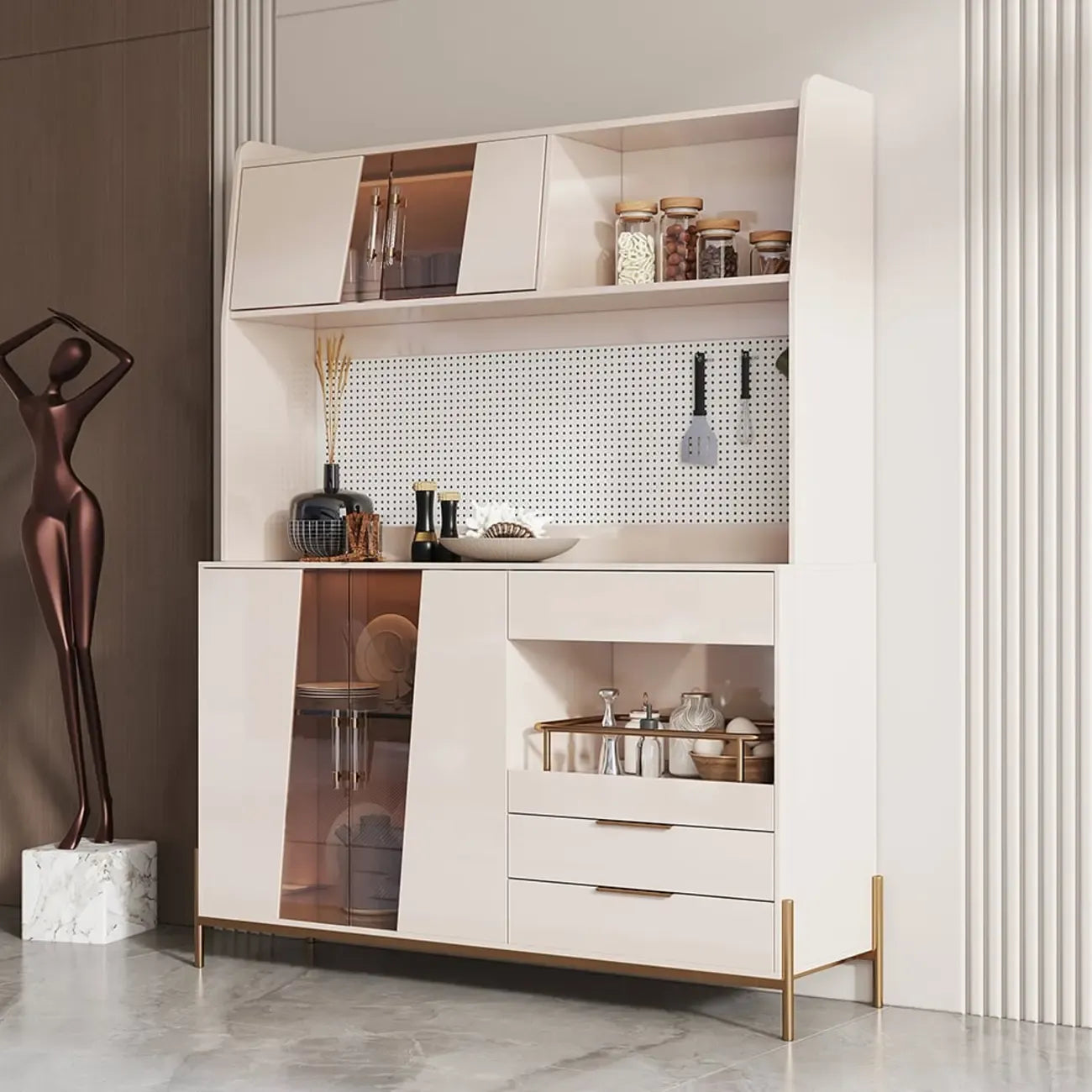 Buffet de rangement de luxe en MDF avec panneau perforé et accents dorés