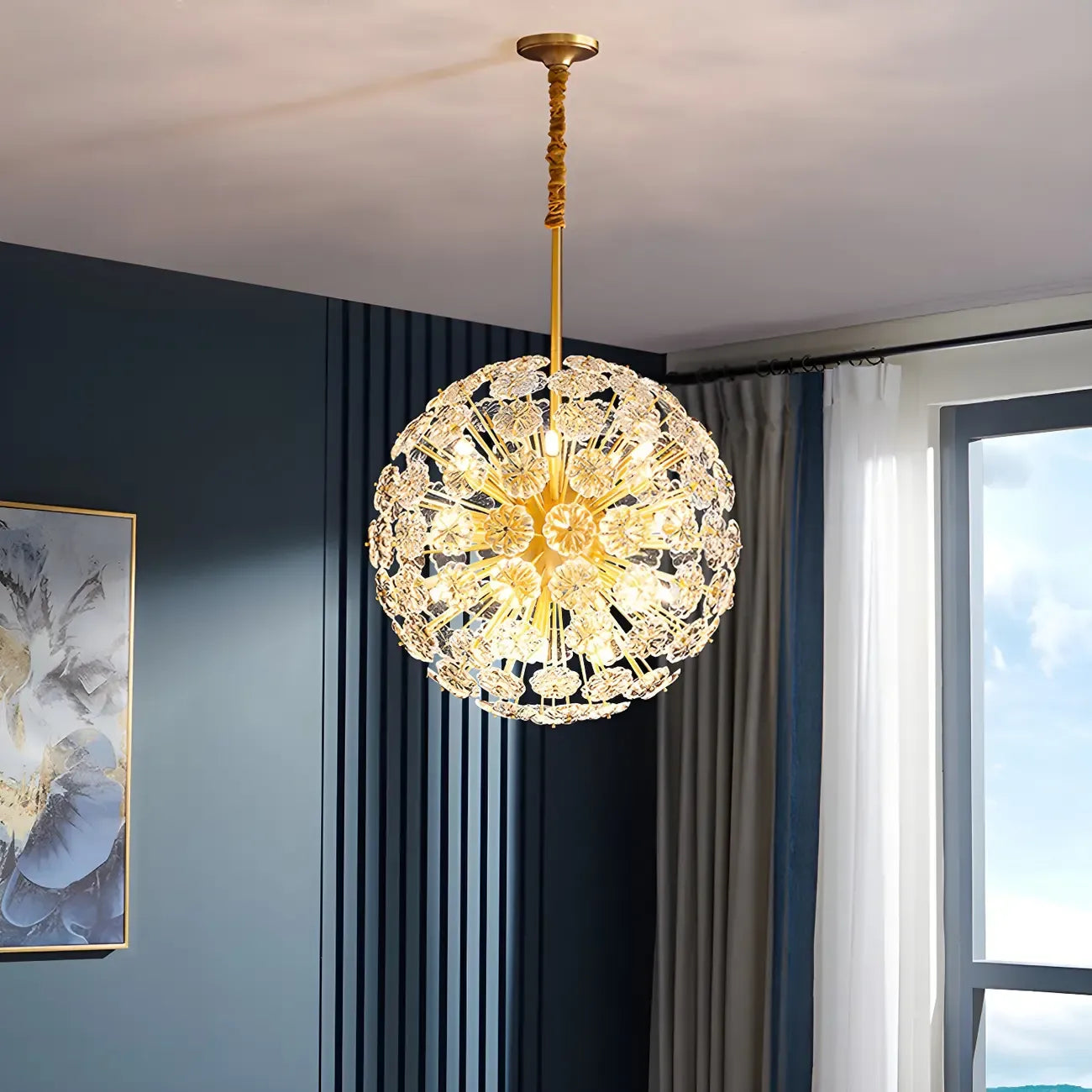Lustre Sputnik moderne en verre sphérique doré à motif floral