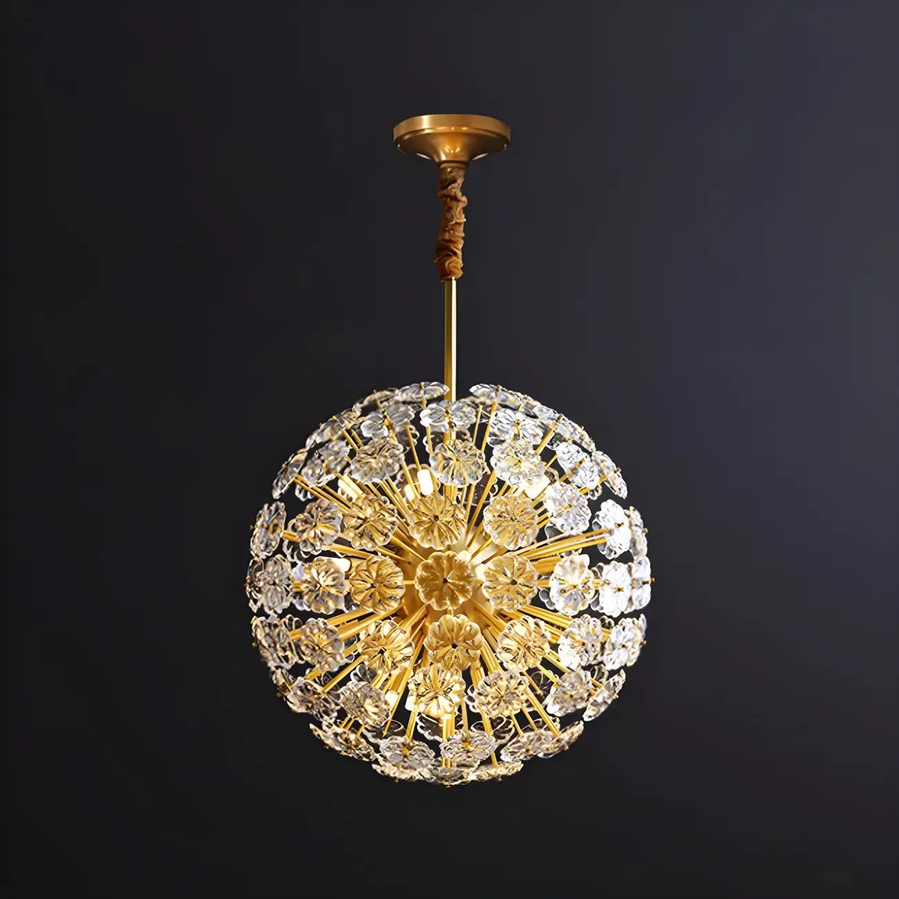 Lustre Sputnik moderne en verre sphérique doré à motif floral