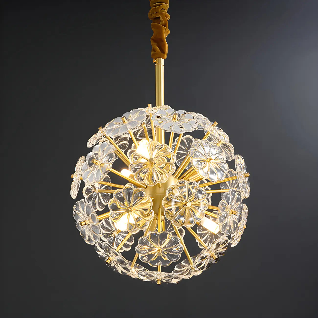 Lustre Sputnik moderne en verre sphérique doré à motif floral