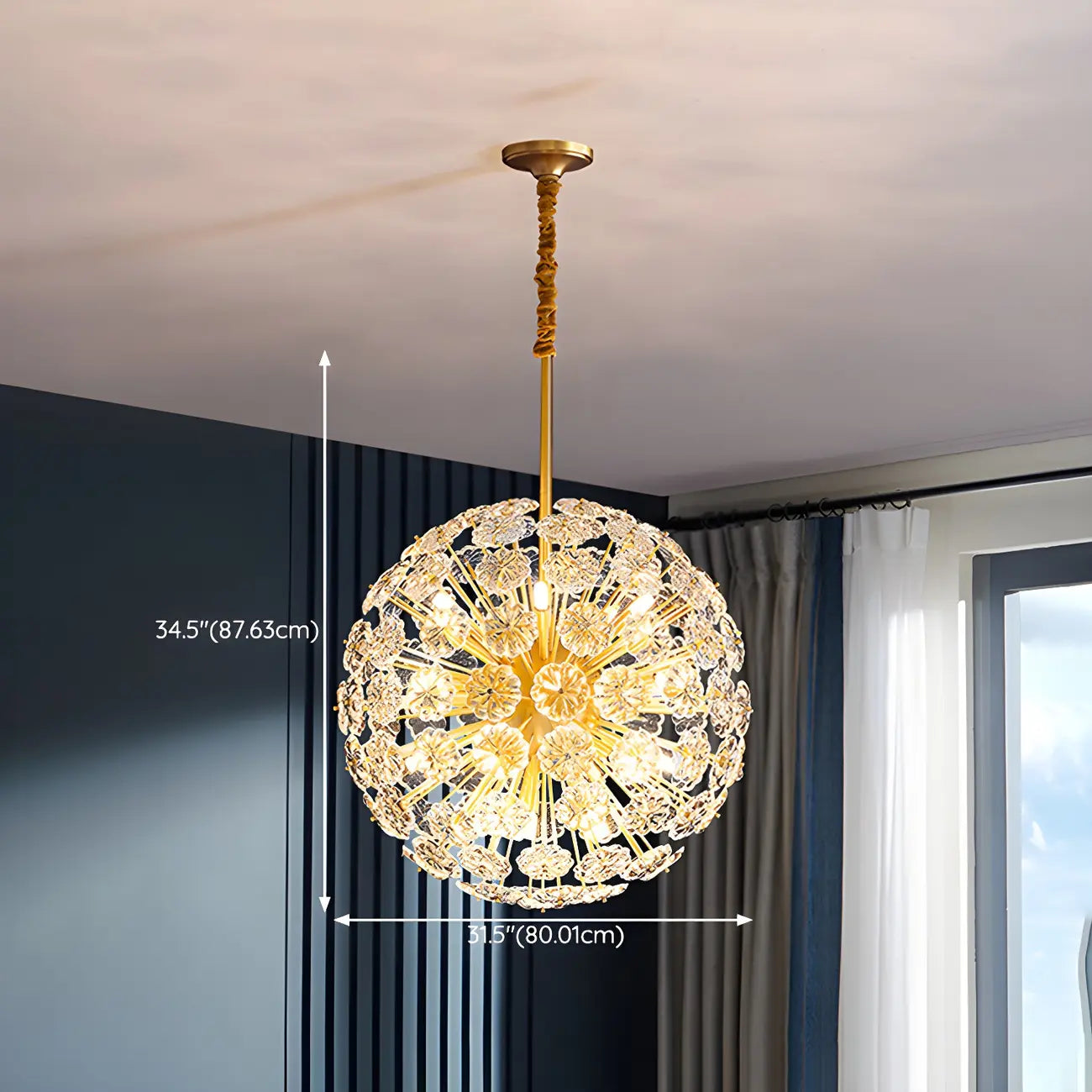 Lustre Sputnik moderne en verre sphérique doré à motif floral