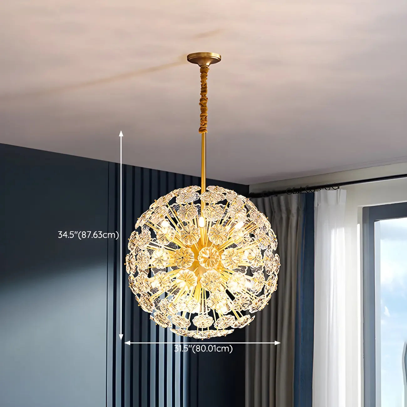 Lustre Sputnik moderne en verre sphérique doré à motif floral
