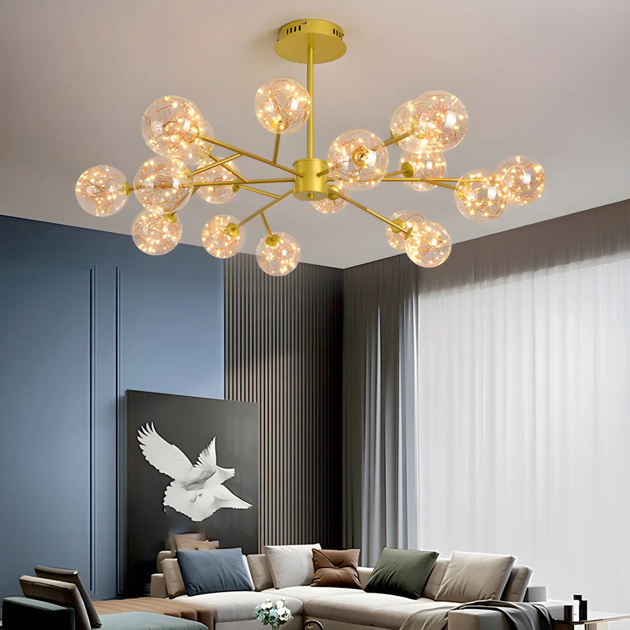 Lustre Sputnik moderne en forme de globe doré pour salon