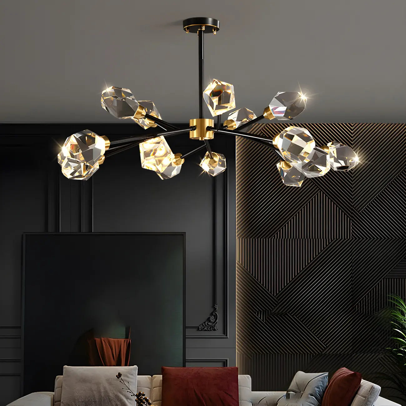 Lustre Sputnik doré moderne avec abat-jour en cristal