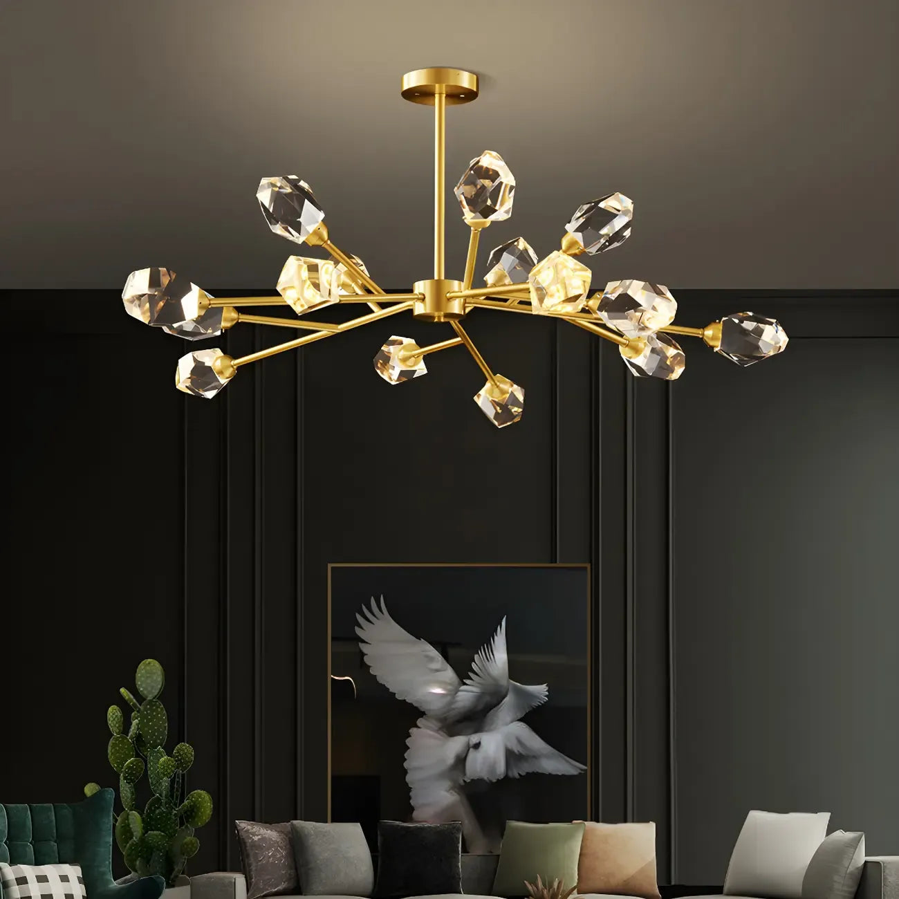 Lustre Sputnik doré moderne avec abat-jour en cristal