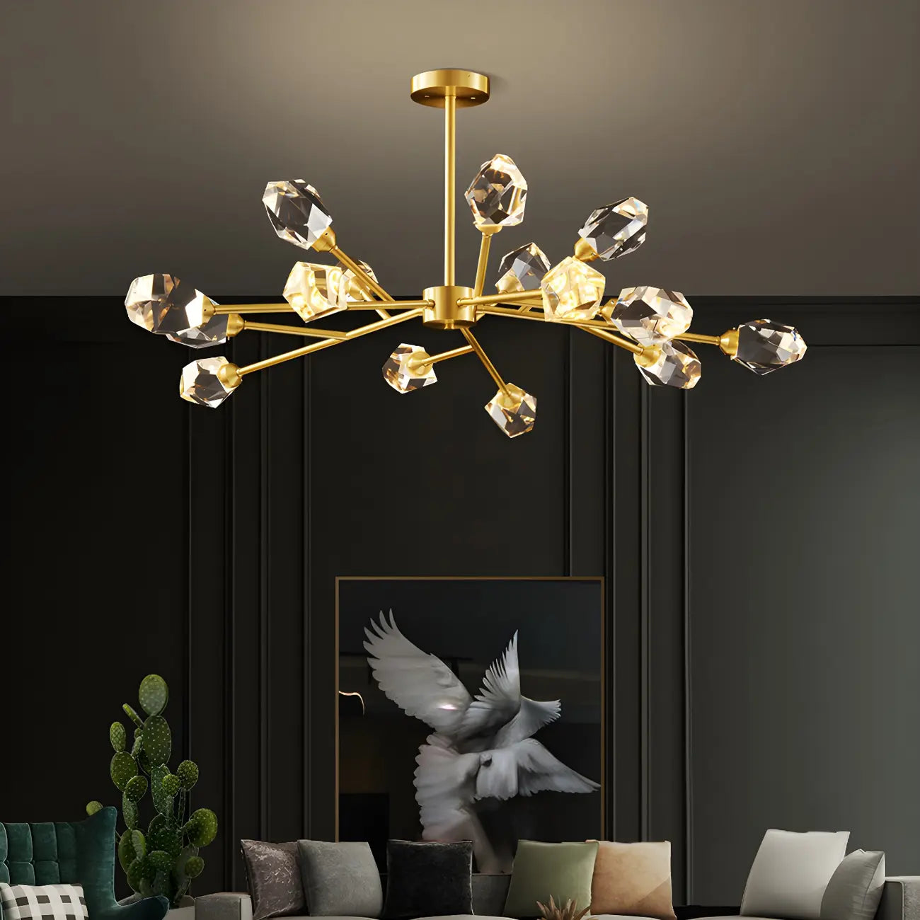 Lustre Sputnik doré moderne avec abat-jour en cristal