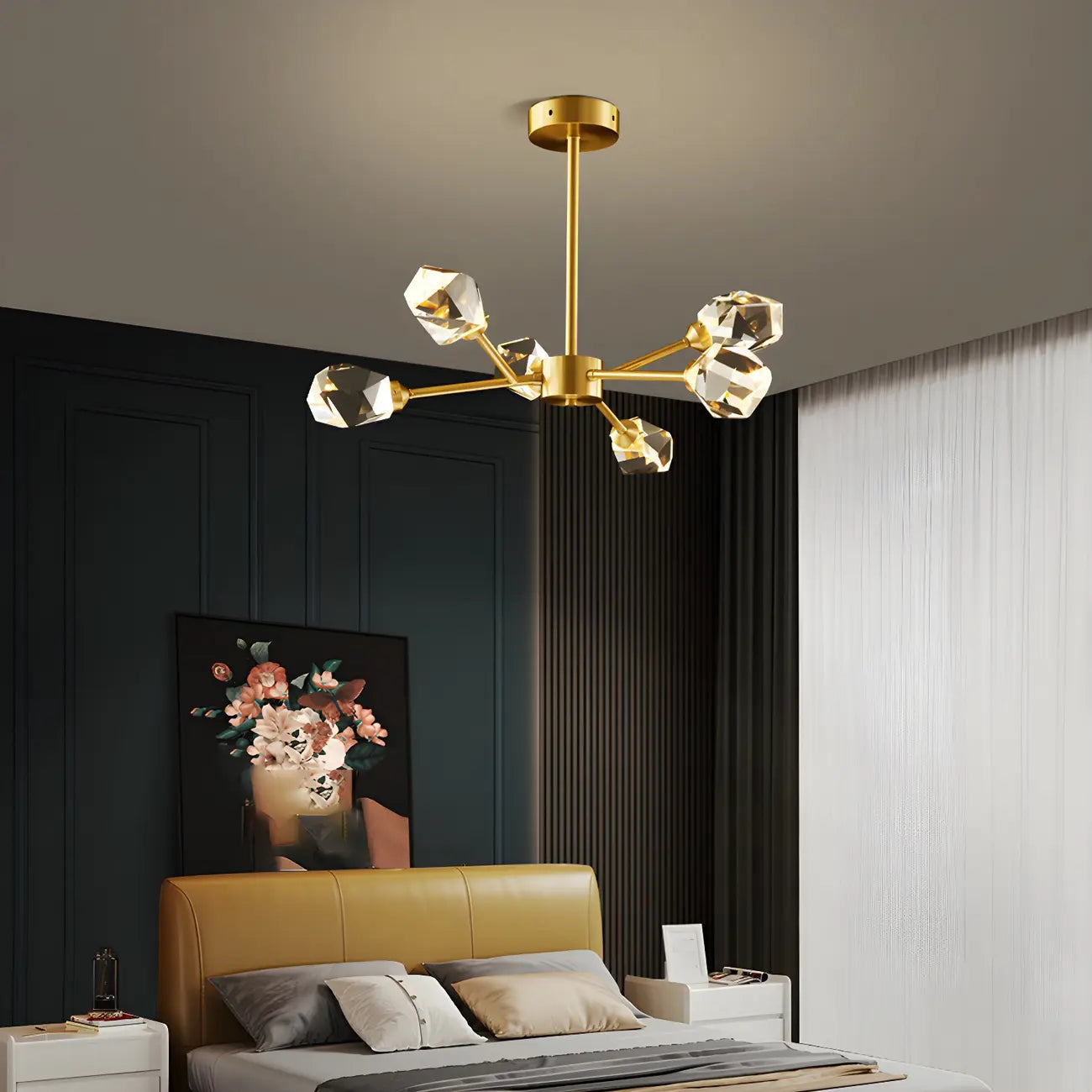 Lustre Sputnik doré moderne avec abat-jour en cristal