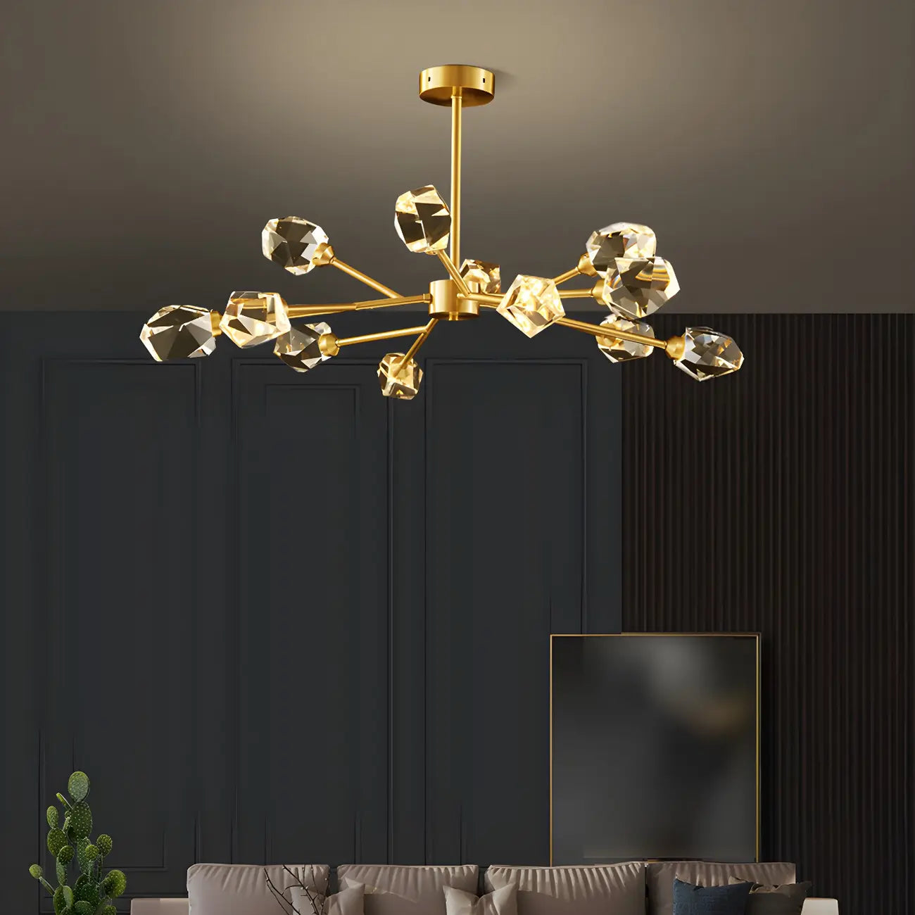 Lustre Sputnik doré moderne avec abat-jour en cristal