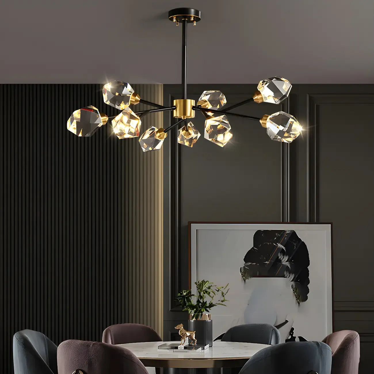 Lustre Sputnik doré moderne avec abat-jour en cristal