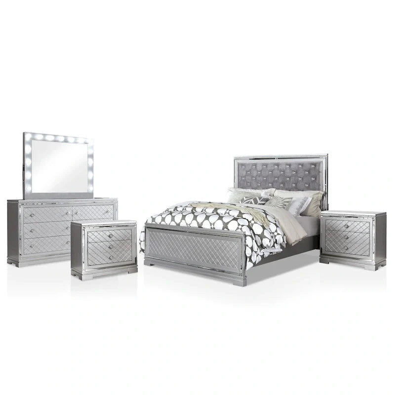 Ensemble de chambre à coucher Seleena Glam Silver Wood 5 pièces avec panneaux capitonnés et port USB par Furniture of America