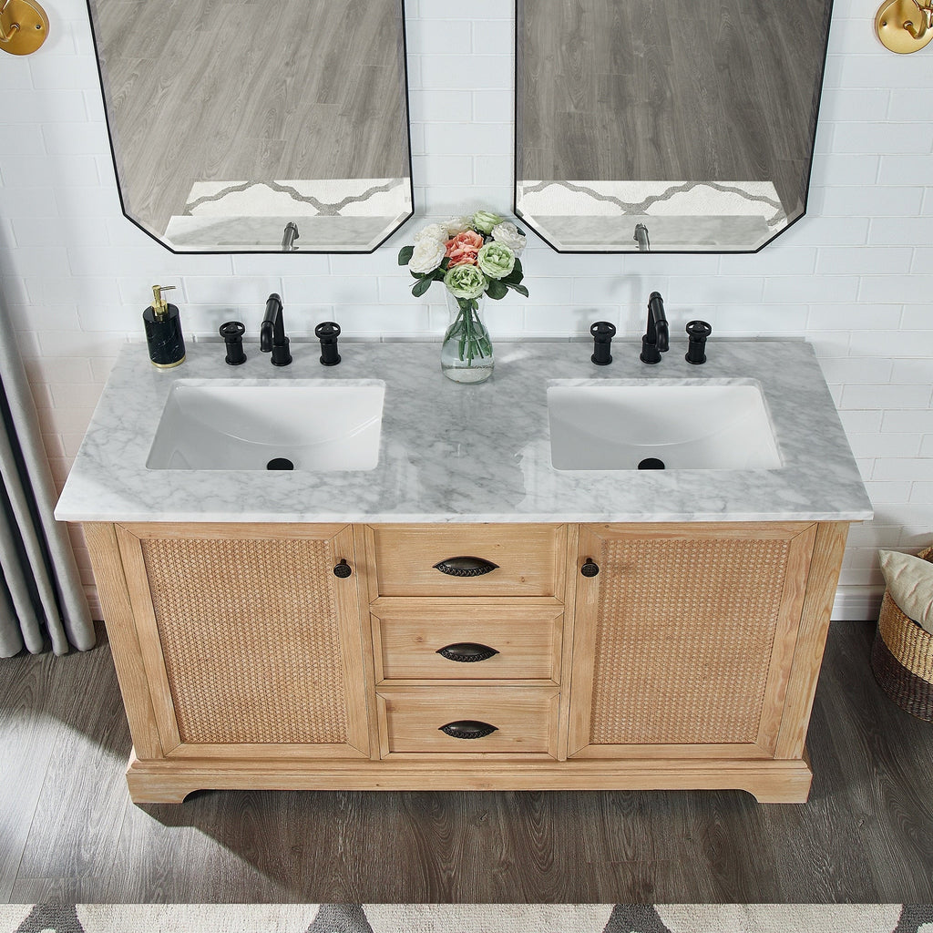 Meuble-lavabo Hervas avec plateau en marbre naturel, sans miroir.