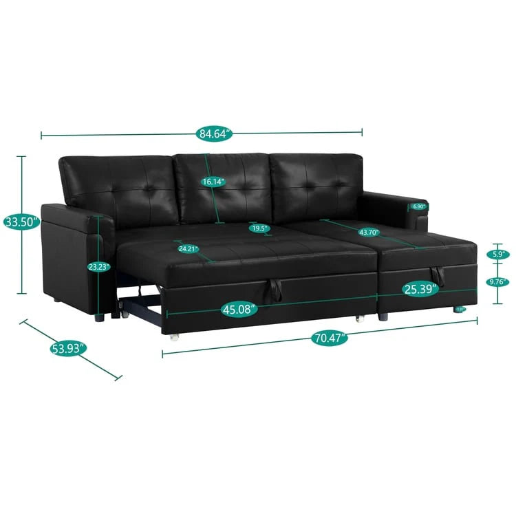 Canapé d'angle convertible et réversible avec lit gigogne, méridienne de rangement dissimulée et pieds robustes.