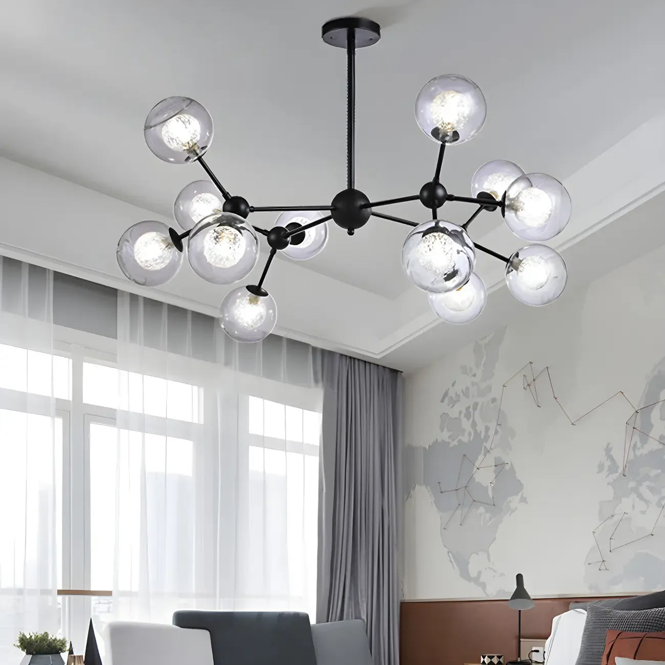 Lustre industriel moderne Sputnik en verre noir à 9-18 lumières