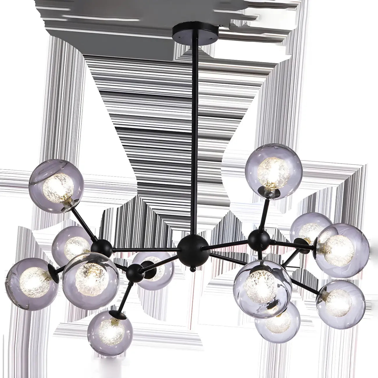 Lustre industriel moderne Sputnik en verre noir à 9-18 lumières