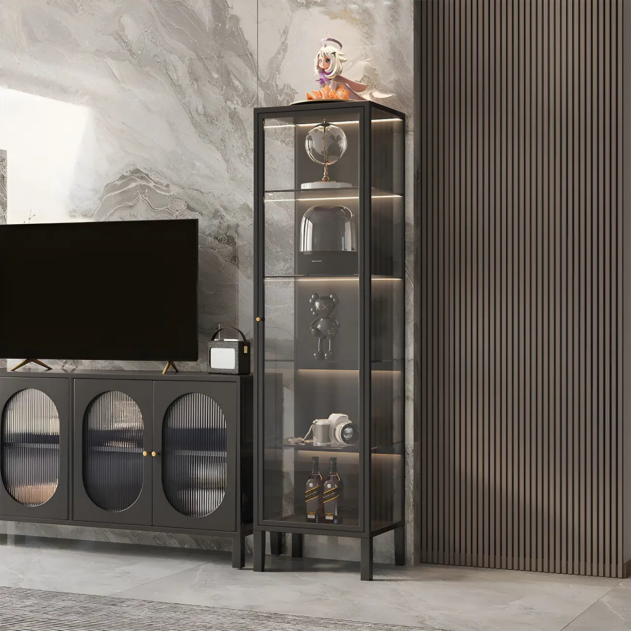 Vitrine à portes vitrées et cadre en métal blanc pour salon