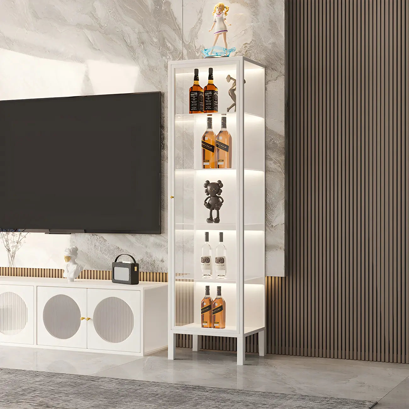 Vitrine à portes vitrées et cadre en métal blanc pour salon