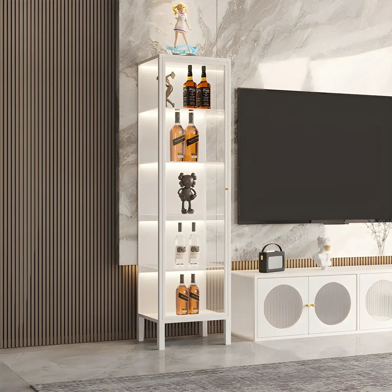 Vitrine à portes vitrées et cadre en métal blanc pour salon