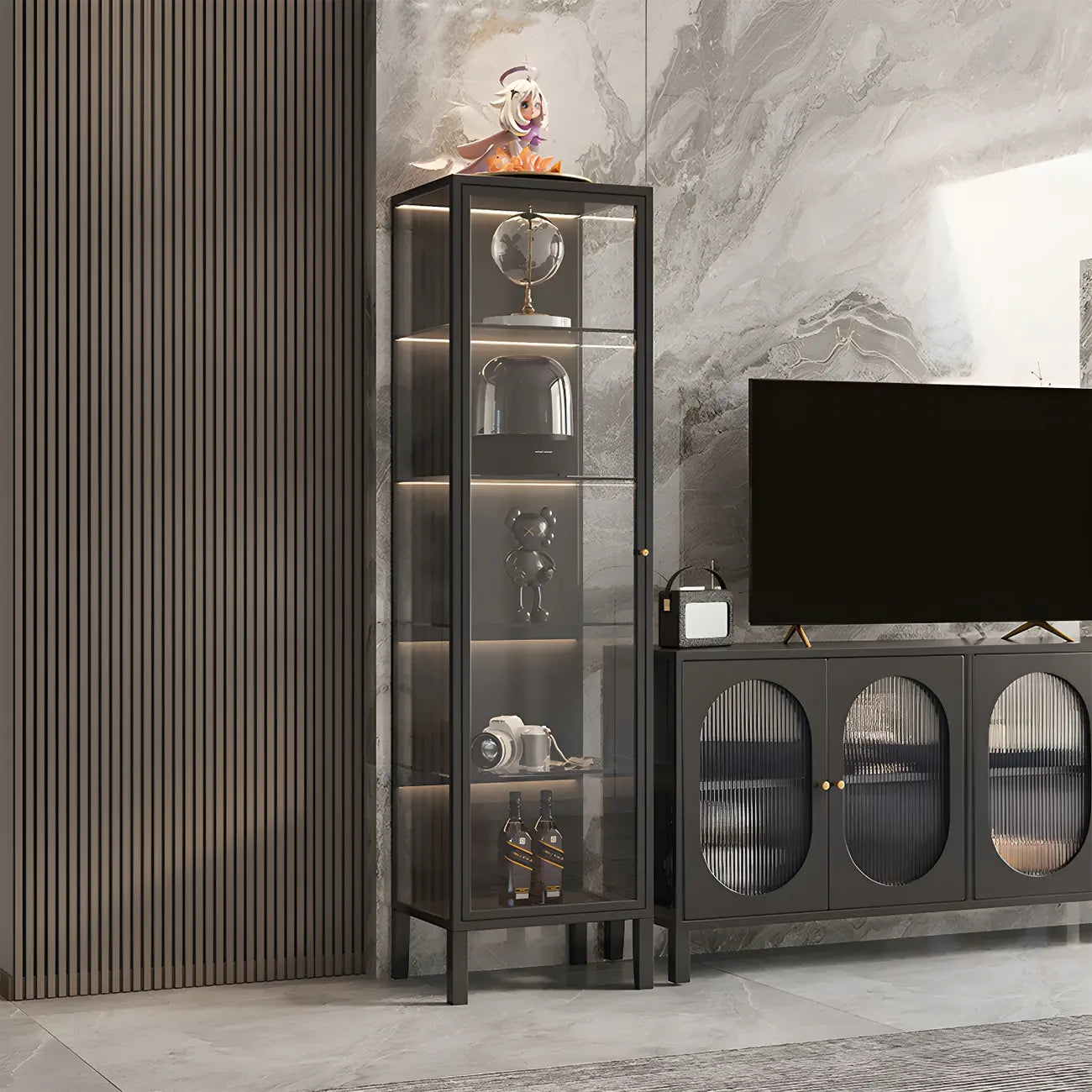Vitrine à portes vitrées et cadre en métal blanc pour salon