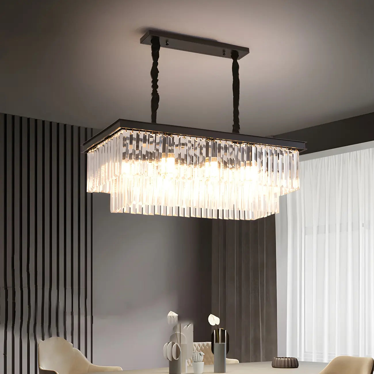 Suspension rectangulaire contemporaine en cristal transparent