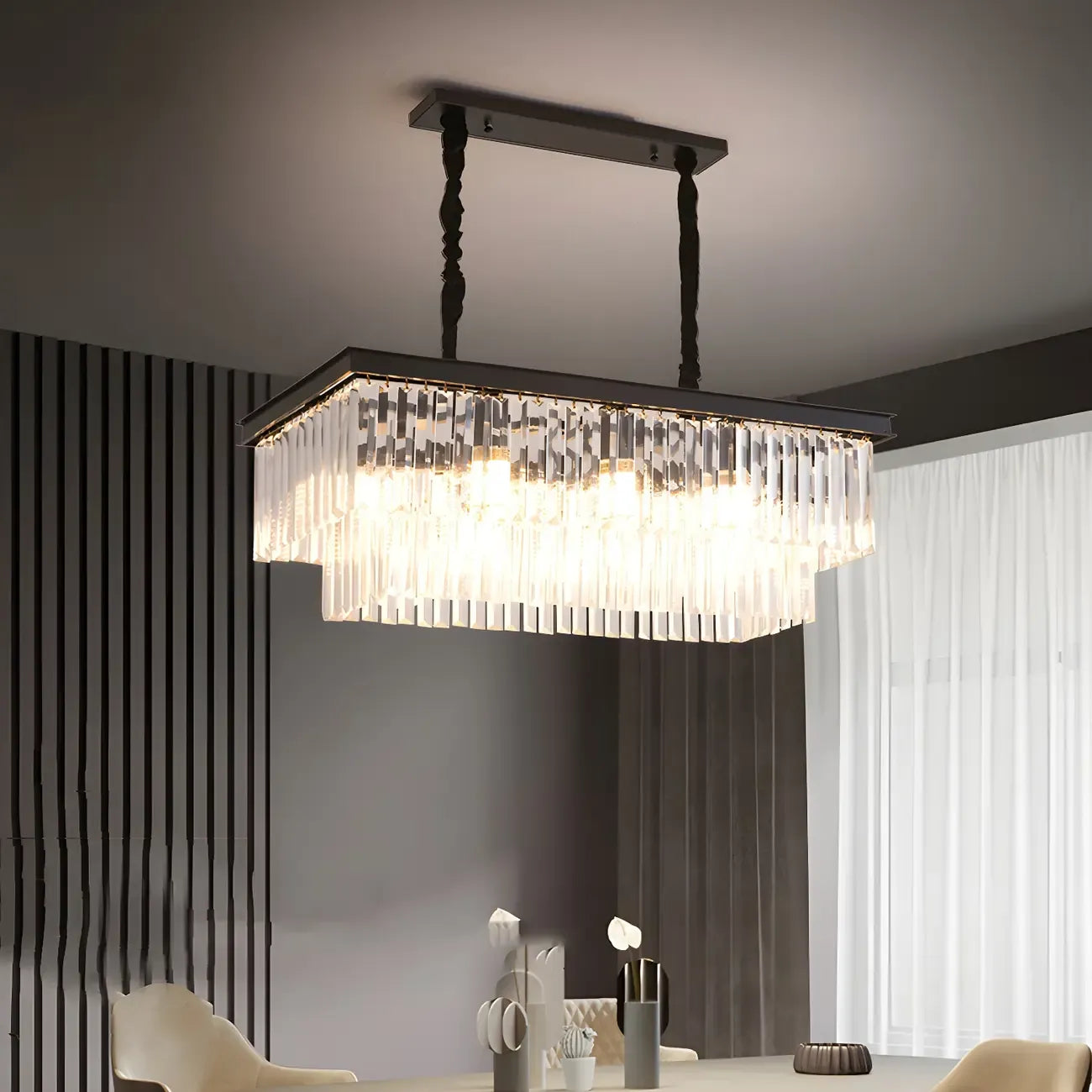 Suspension rectangulaire contemporaine en cristal transparent