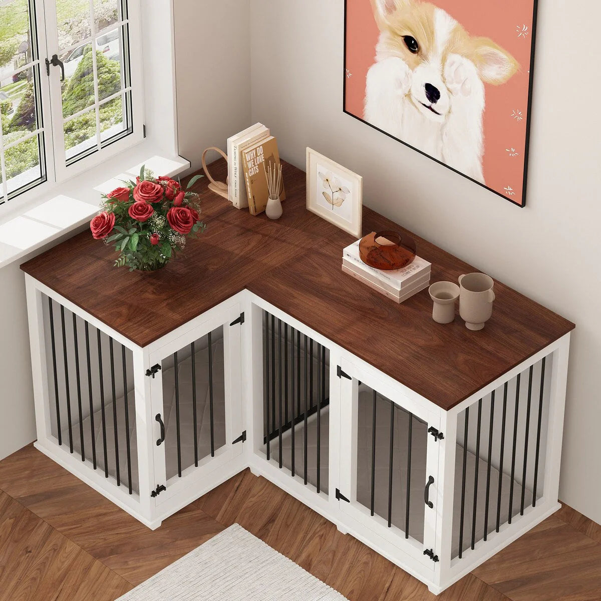 Grand meuble d'angle pour 2 chiens, cage en forme de L - 58,7 x 41,1 pouces