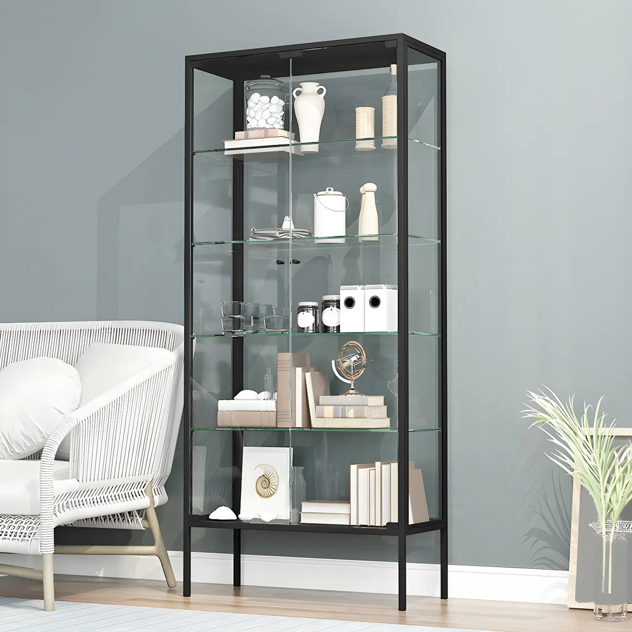 Vitrine à étagères en verre et cadre en métal noir