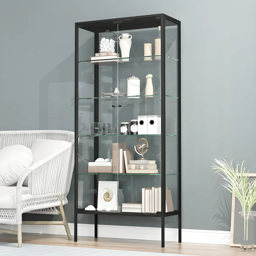 Vitrine à étagères en verre et cadre en métal noir