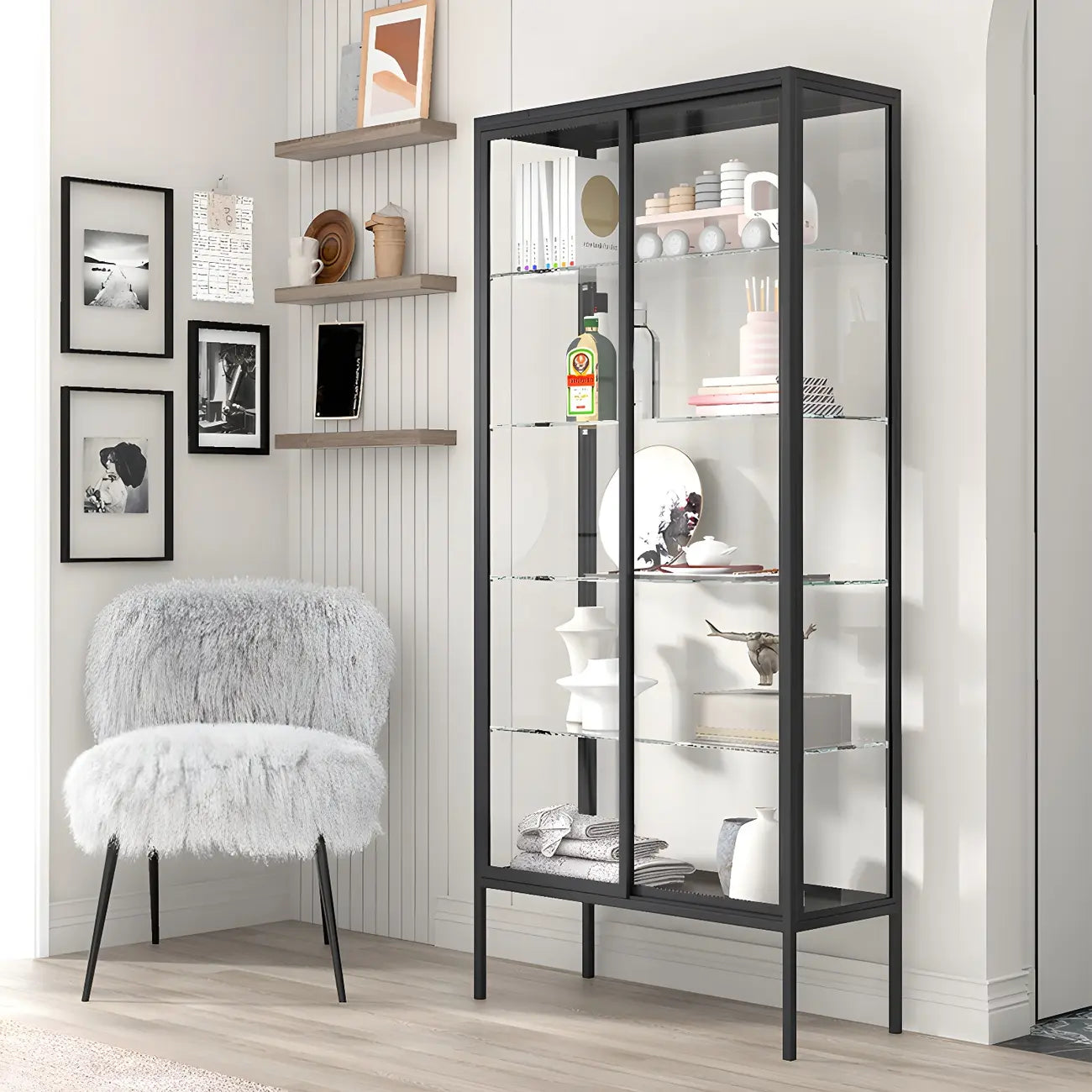 Vitrine à étagères en verre et cadre en métal noir