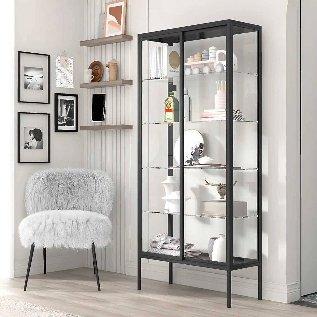 Vitrine à étagères en verre et cadre en métal noir