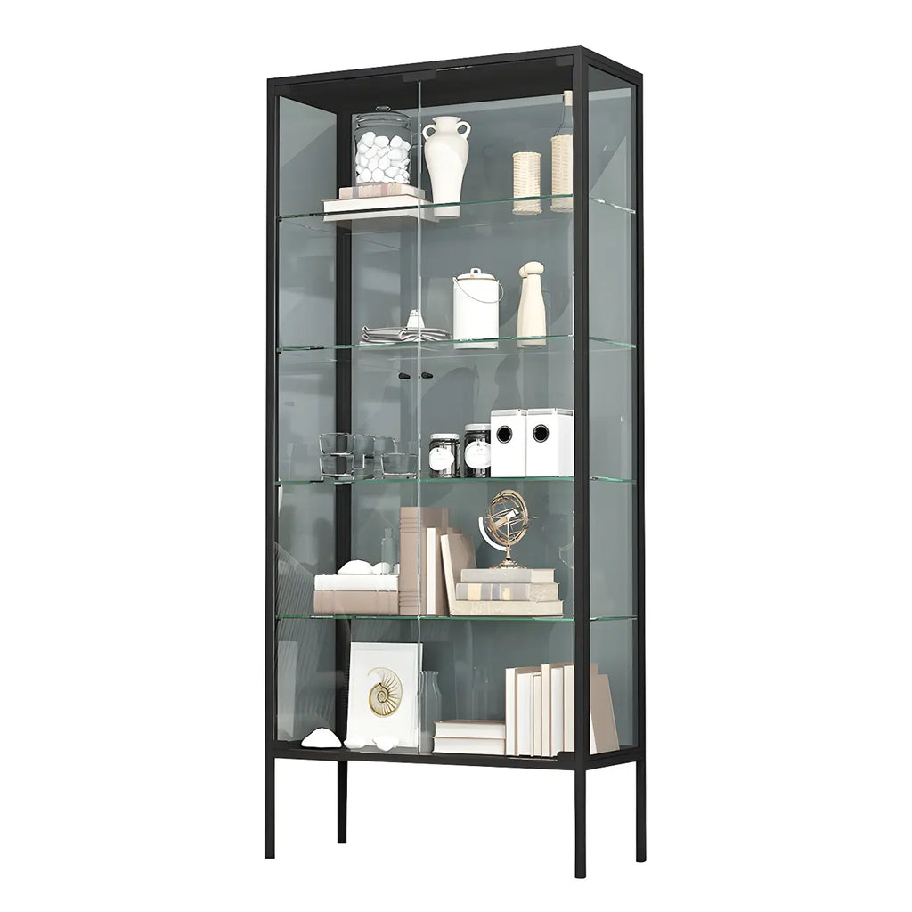Vitrine à étagères en verre et cadre en métal noir