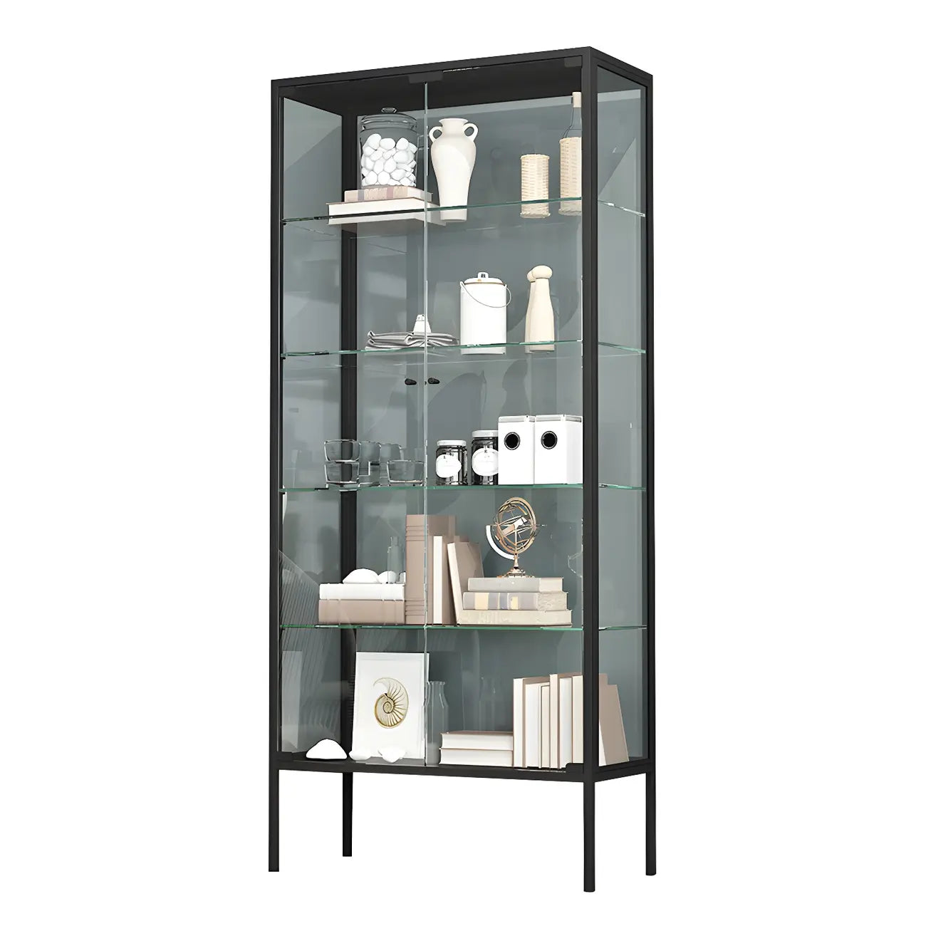 Vitrine à étagères en verre et cadre en métal noir