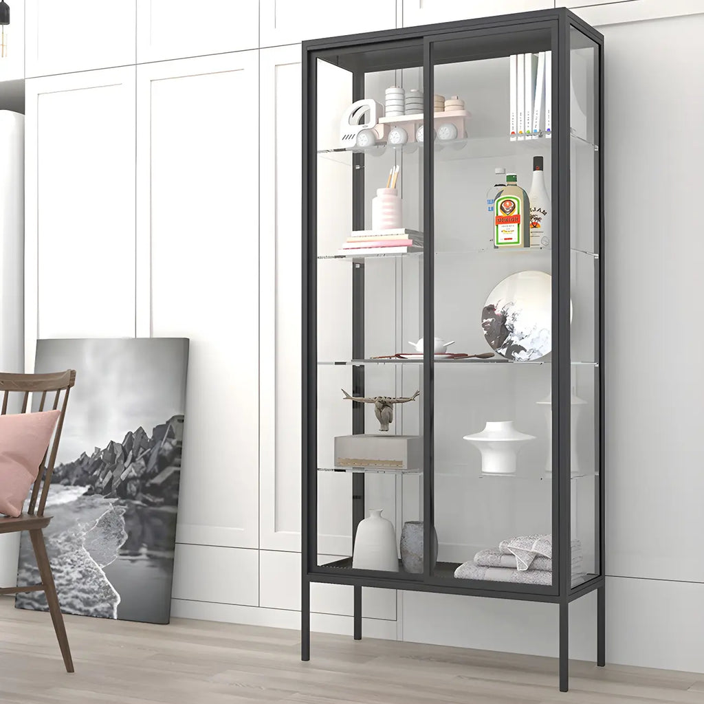 Vitrine à étagères en verre et cadre en métal noir