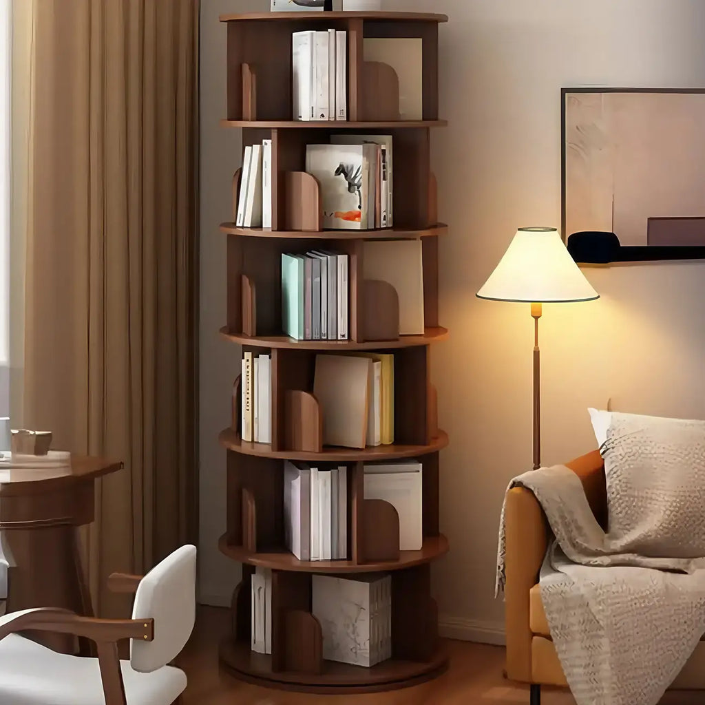 Bibliothèque cylindrique en bois marron à dos ouvert et pivotante