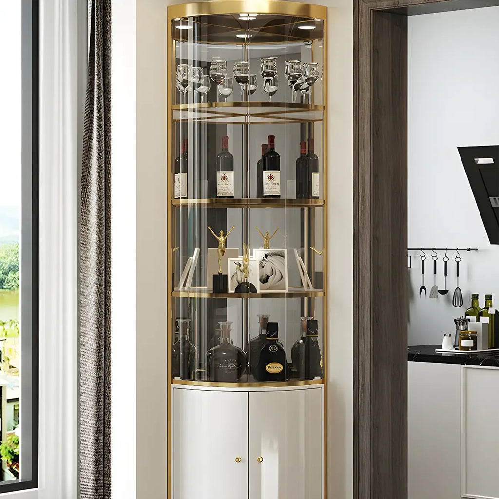 Vitrine d'angle arrondie en verre brillant et métal doré