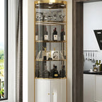 Vitrine d'angle arrondie en verre brillant et métal doré