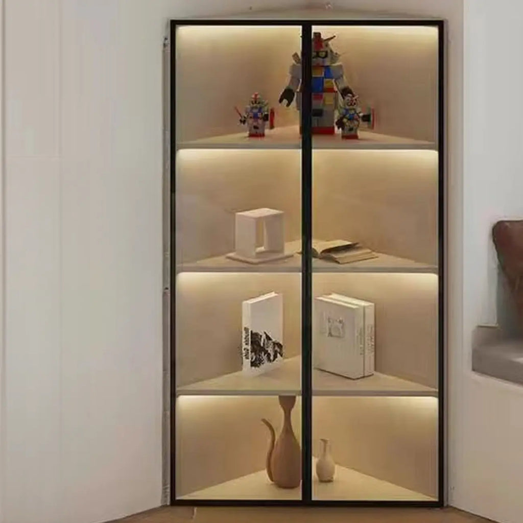 Vitrine d'angle moderne en métal gris et bois avec porte vitrée