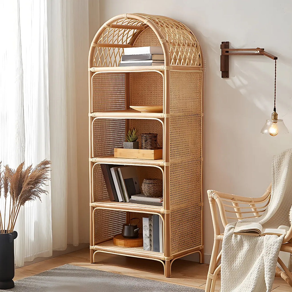 Bibliothèque à 5 niveaux en rotin et bois clair
