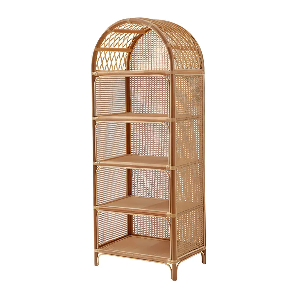 Bibliothèque à 5 niveaux en rotin et bois clair