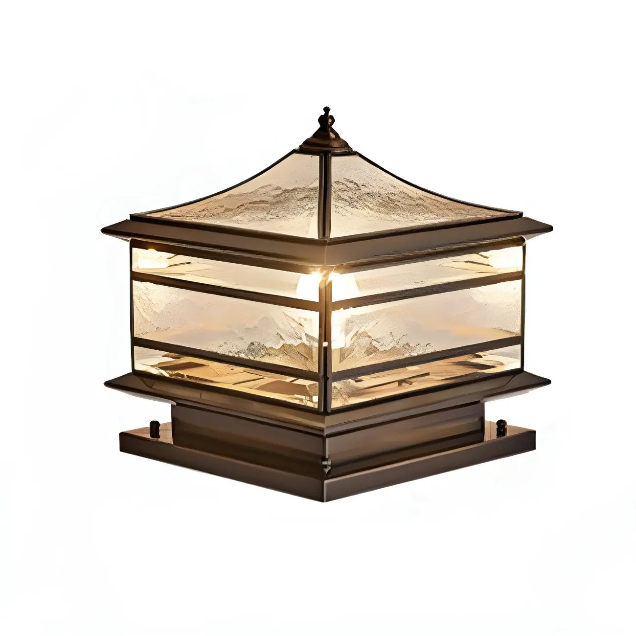Lampe de poteau câblée en laiton, métal et verre, forme de palais, carrée, en verre et métal.